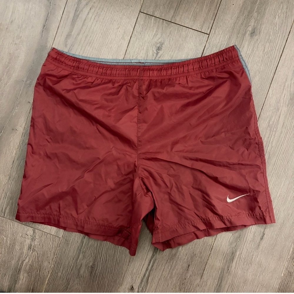 Vintage Nike Men's Maroon Athletic Swim Shorts with Swoosh 90s